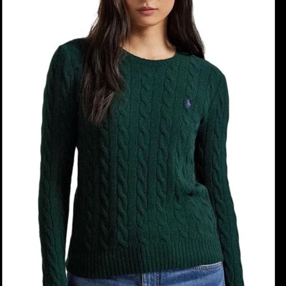 Polo Ralph Lauren Women’s Sweater Wool & Cashmere Large Dark Green Cable Knit - Picture 2 of 9